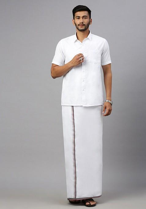 White Shirt Collar Short Sleeves Shirt With Veshti For Men