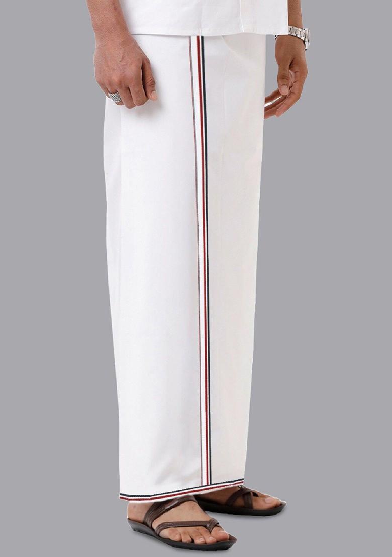 White Shirt Collar Long Sleeves Shirt With Veshti For Men