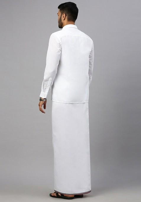 White Shirt Collar Long Sleeves Shirt With Veshti For Men