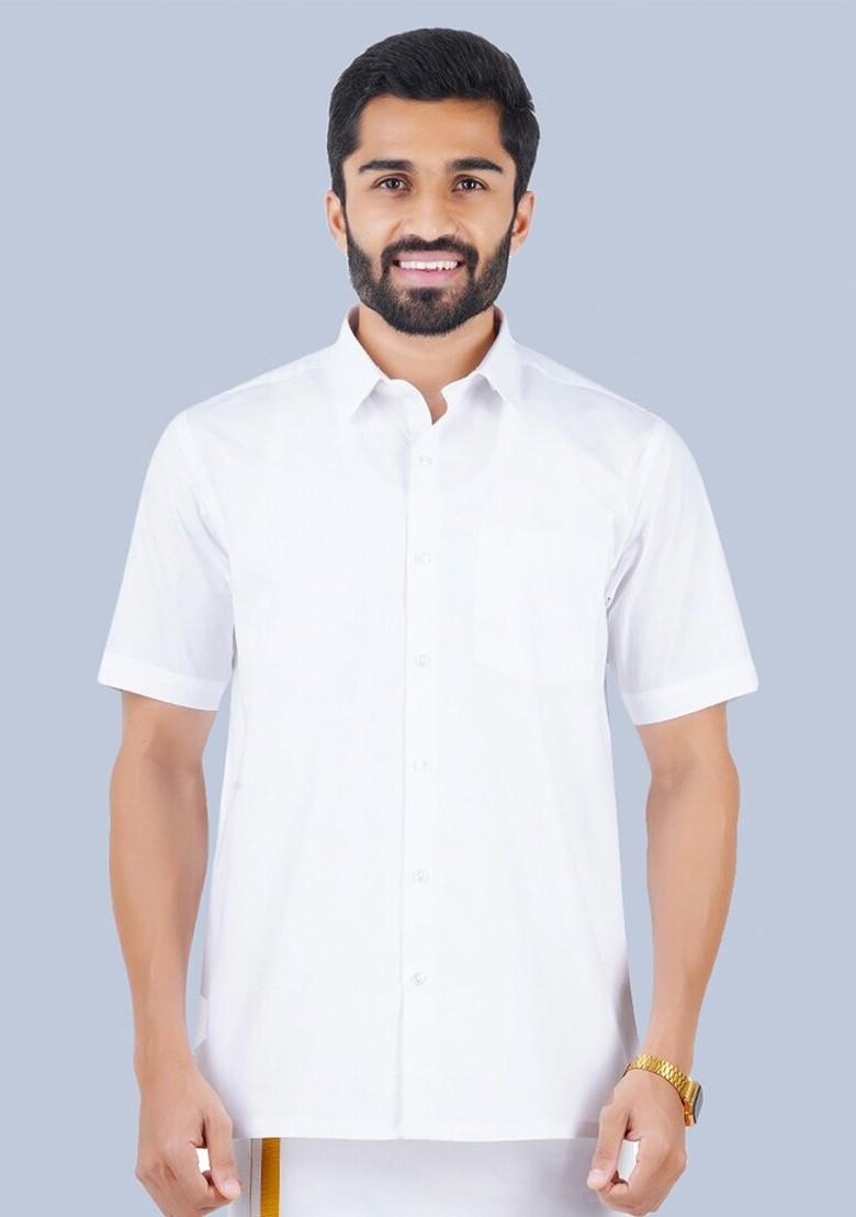White Shirt Collar Short Sleeves Zari Pure Cotton Shirt With Veshti For Men - Indya
