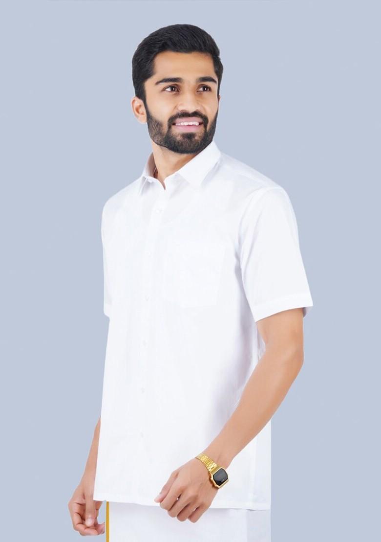White Shirt Collar Short Sleeves Zari Pure Cotton Shirt With Veshti For Men - Indya