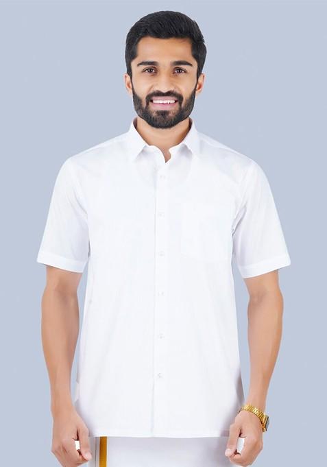 White Shirt Collar Short Sleeves Zari Pure Cotton Shirt With Veshti For Men