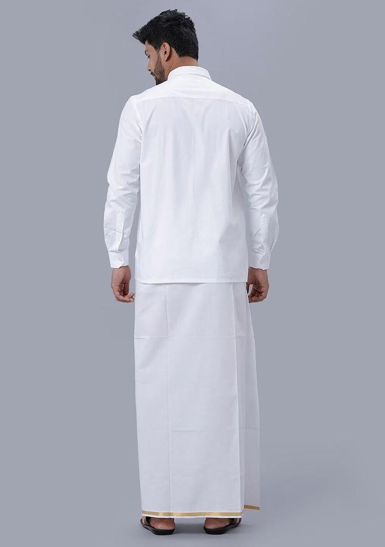 White Shirt Collar Long Sleeves Shirt With Veshti For Men