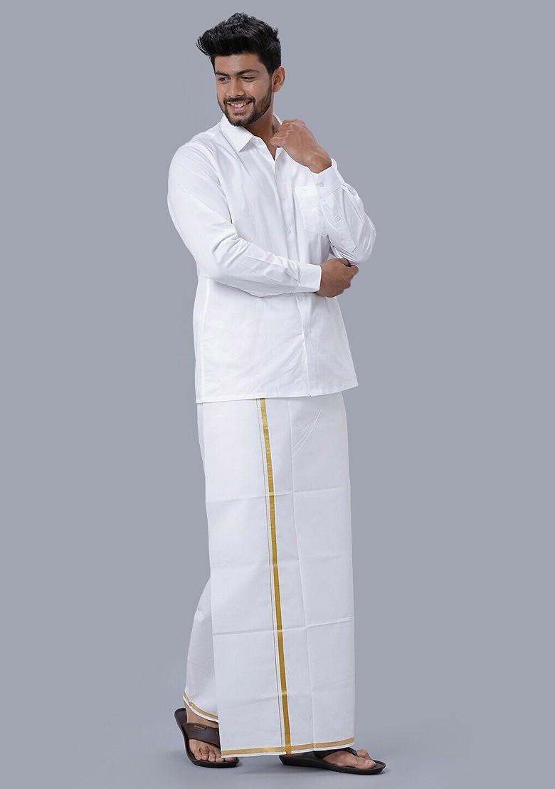 White Shirt Collar Long Sleeves Shirt With Veshti For Men