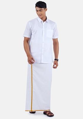 White Pure Cotton Shirt With Gold Zari Veshti Set For Men