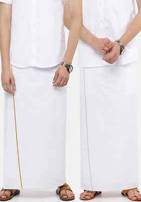 White Pack Of 2 Pure Cotton Single Layer White Solid Veshti With Border For Men
