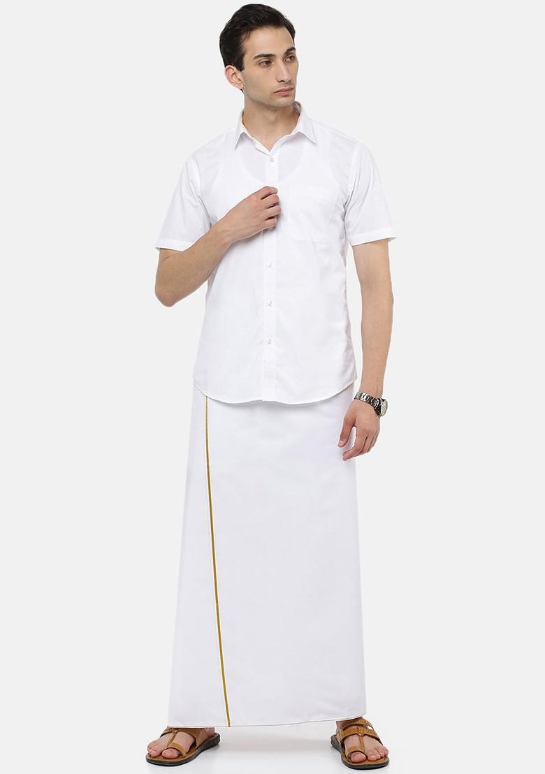 White Pack Of 2 Pure Cotton Single Layer White Solid Veshti With Border For Men - Indya