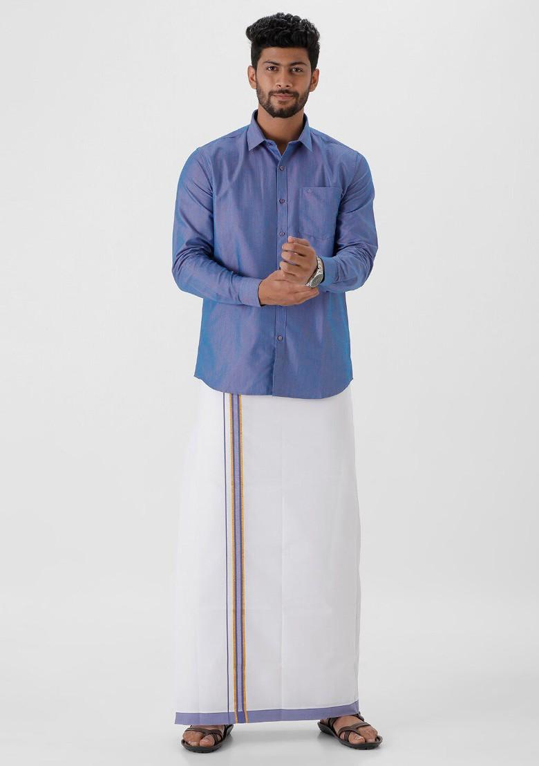 Blue Pure Cotton Shirt With Golden Zari Veshti For Men