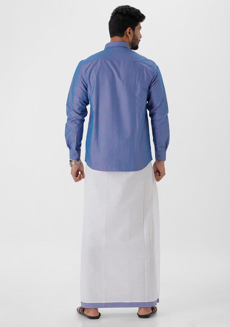 Blue Pure Cotton Shirt With Golden Zari Veshti For Men
