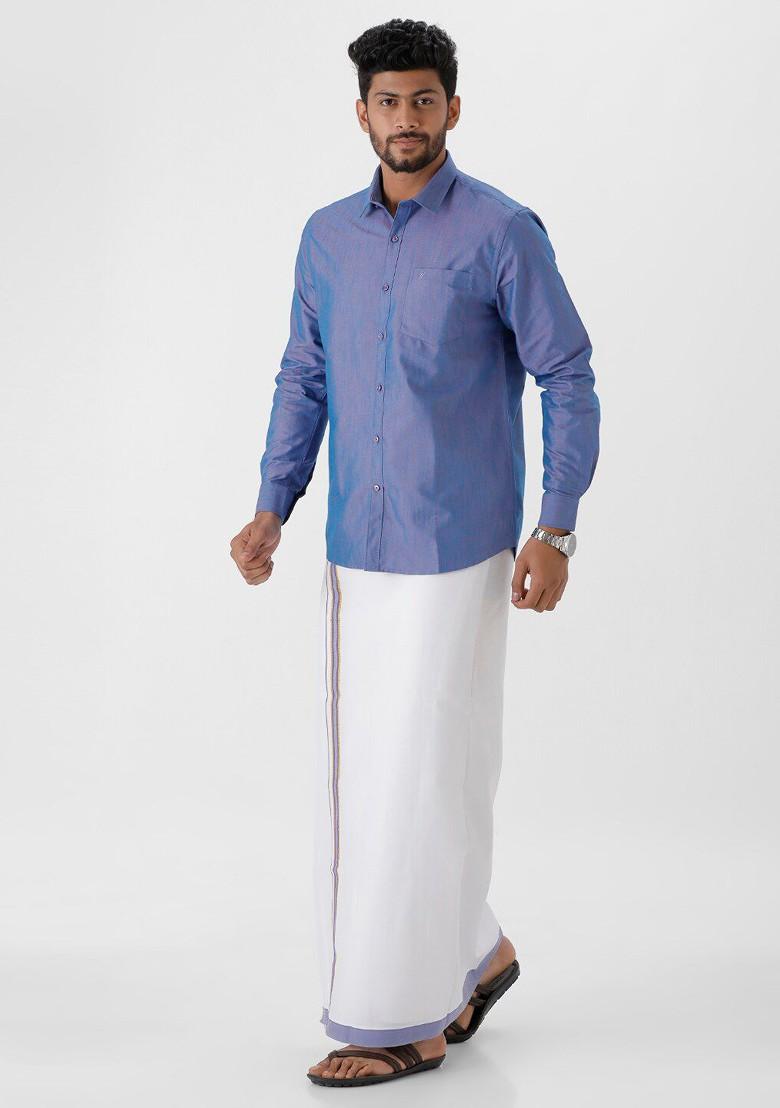 Blue Pure Cotton Shirt With Golden Zari Veshti For Men