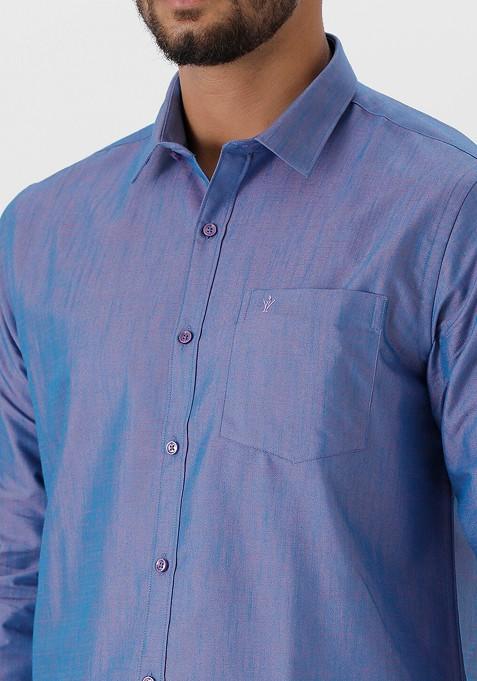 Blue Pure Cotton Shirt With Golden Zari Veshti For Men