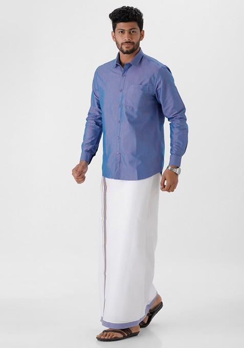 Blue Pure Cotton Shirt With Golden Zari Veshti For Men