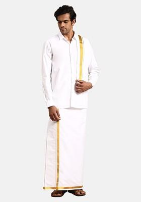 White Pure Cotton Shirt With Veshti And Angavastram For Men