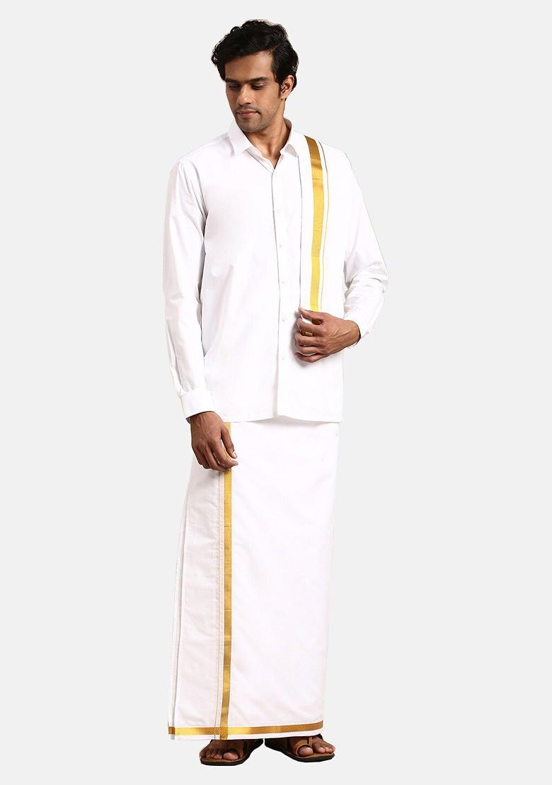 White Pure Cotton Shirt With Veshti And Angavastram For Men