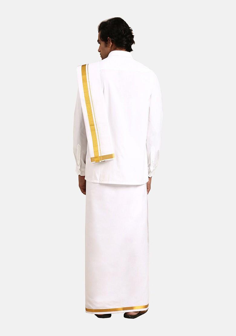 White Pure Cotton Shirt With Veshti And Angavastram For Men - Indya
