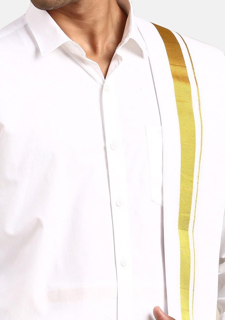 White Pure Cotton Shirt With Veshti And Angavastram For Men - Indya
