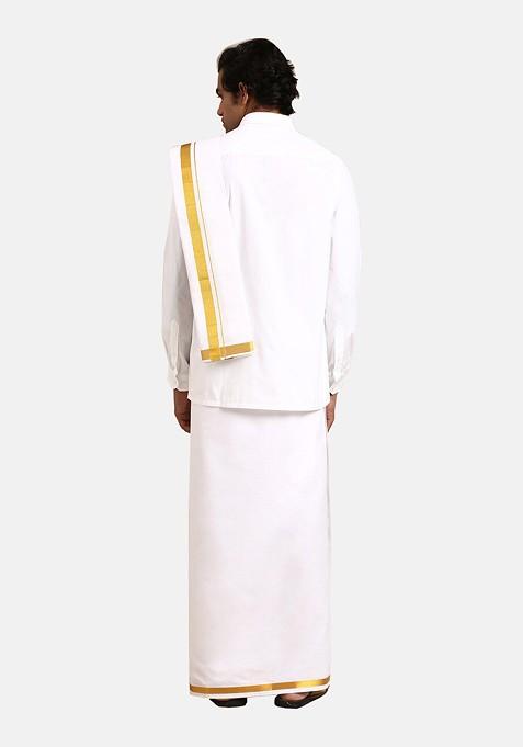 White Pure Cotton Shirt With Veshti And Angavastram For Men