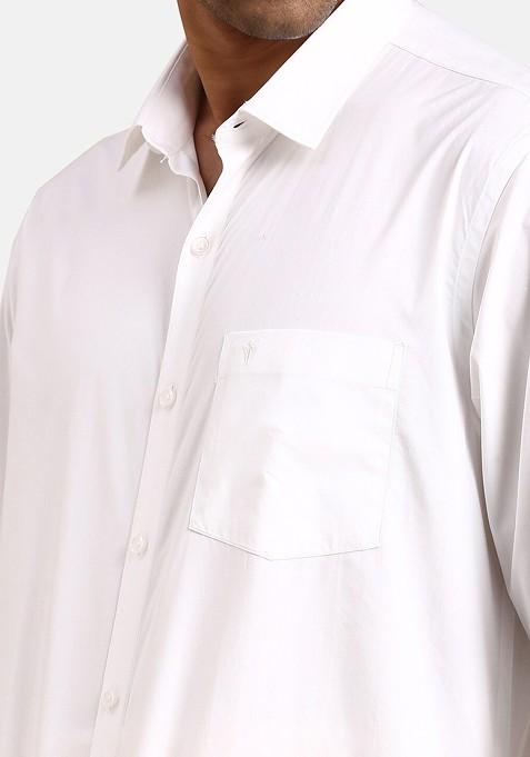 White Pure Cotton Shirt With Veshti And Angavastram For Men