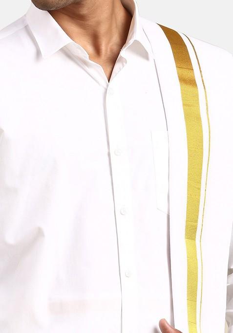 White Pure Cotton Shirt With Veshti And Angavastram For Men