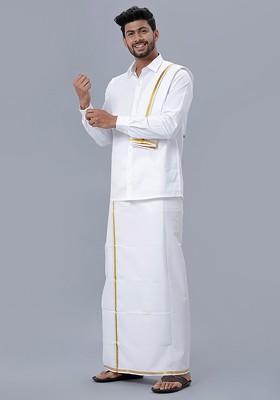 White Spread Collar Pure Cotton Shirt And Veshti With Angavastram For Men