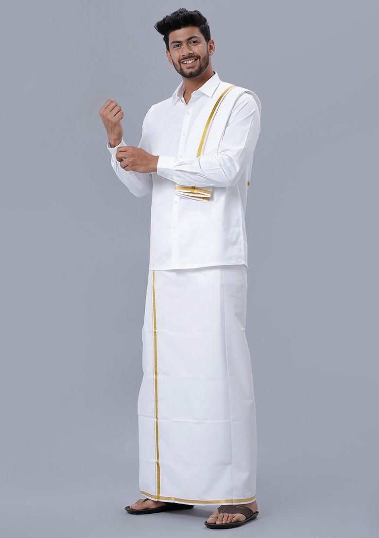 White Spread Collar Pure Cotton Shirt And Veshti With Angavastram For Men - Indya