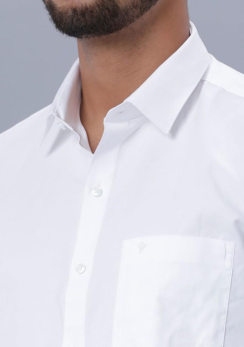 White Spread Collar Pure Cotton Shirt And Veshti With Angavastram For Men - Indya