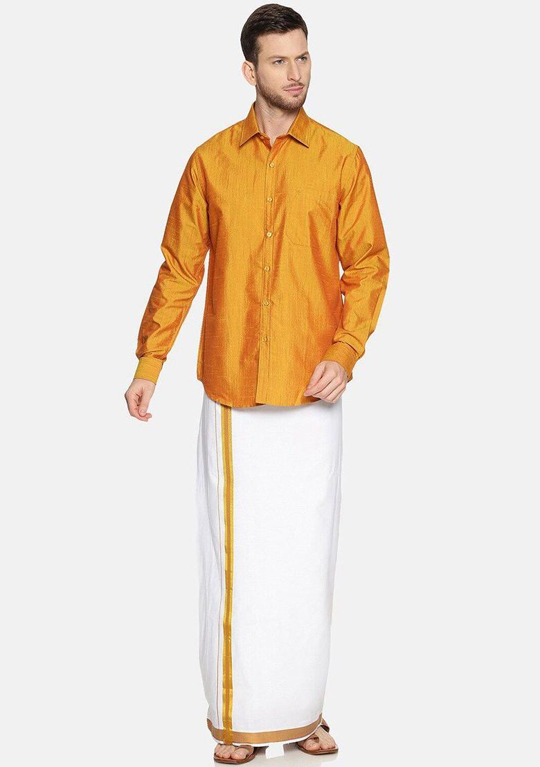 Gold Long Sleeves Shirt With Golden Zari Veshti For Men