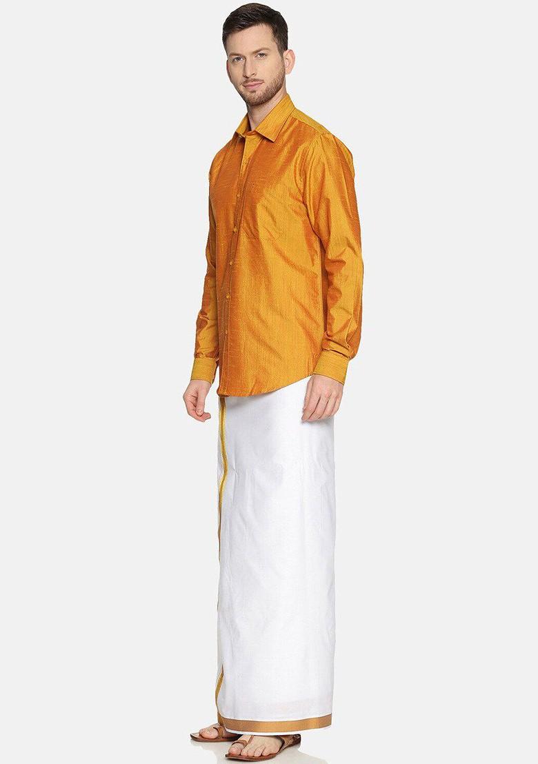 Gold Long Sleeves Shirt With Golden Zari Veshti For Men