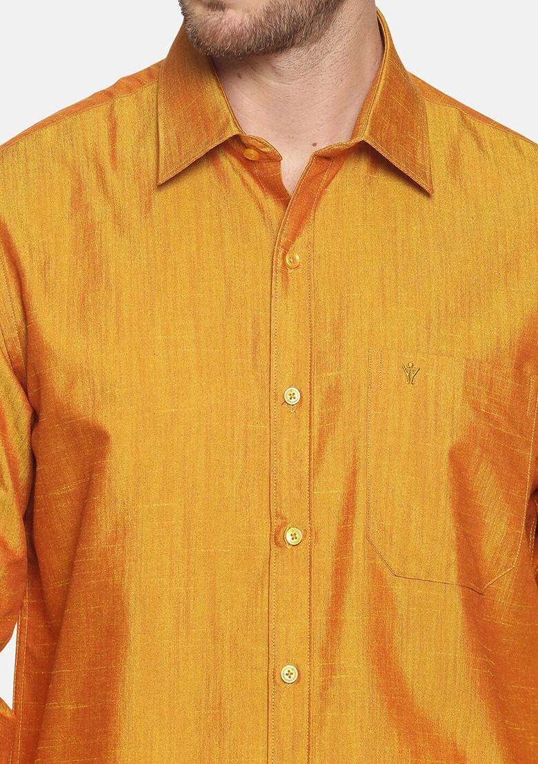 Gold Long Sleeves Shirt With Golden Zari Veshti For Men - Indya