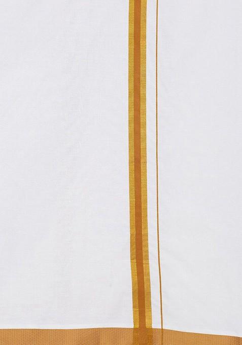 Gold Long Sleeves Shirt With Golden Zari Veshti For Men