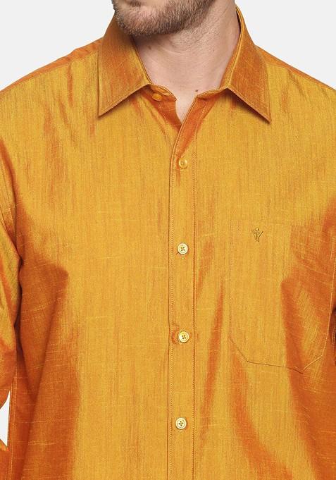 Gold Long Sleeves Shirt With Golden Zari Veshti For Men