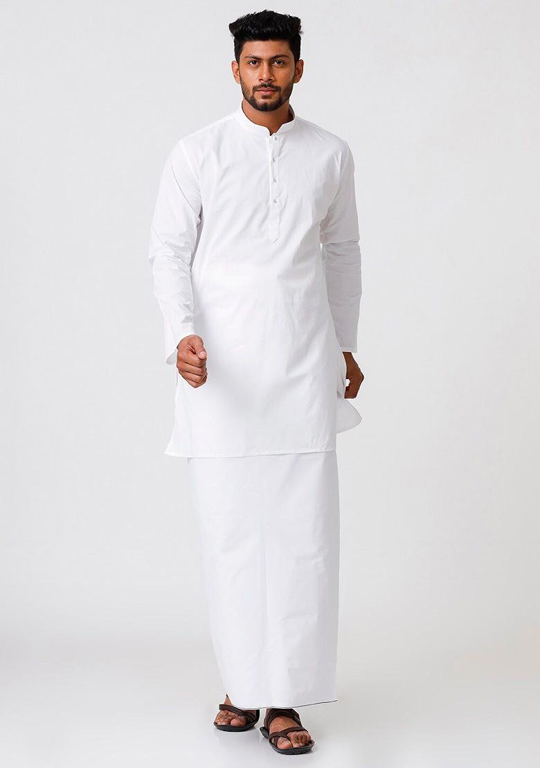 White Mandarin Cotton Kurta And Veshti For Men