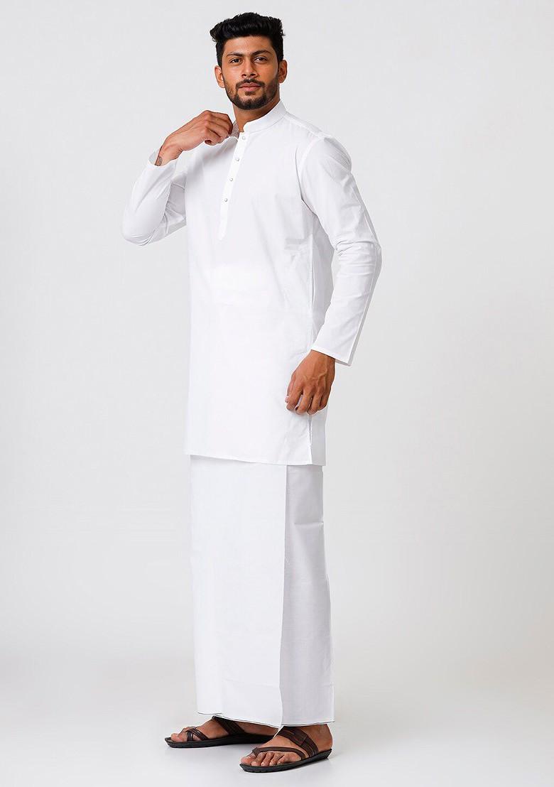 White Mandarin Cotton Kurta And Veshti For Men - Indya