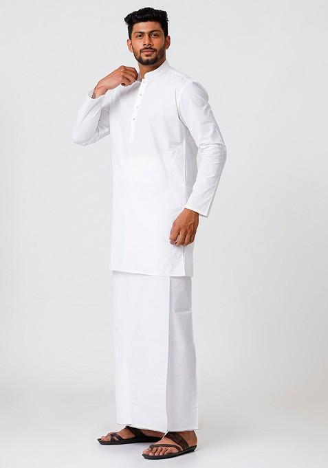 White Mandarin Cotton Kurta And Veshti For Men