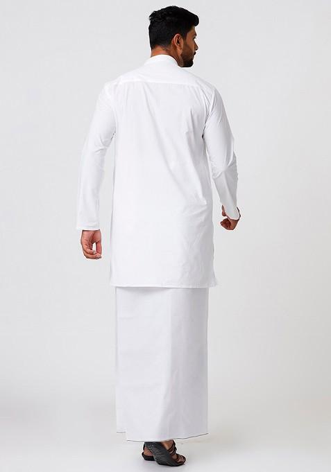 White Mandarin Cotton Kurta And Veshti For Men