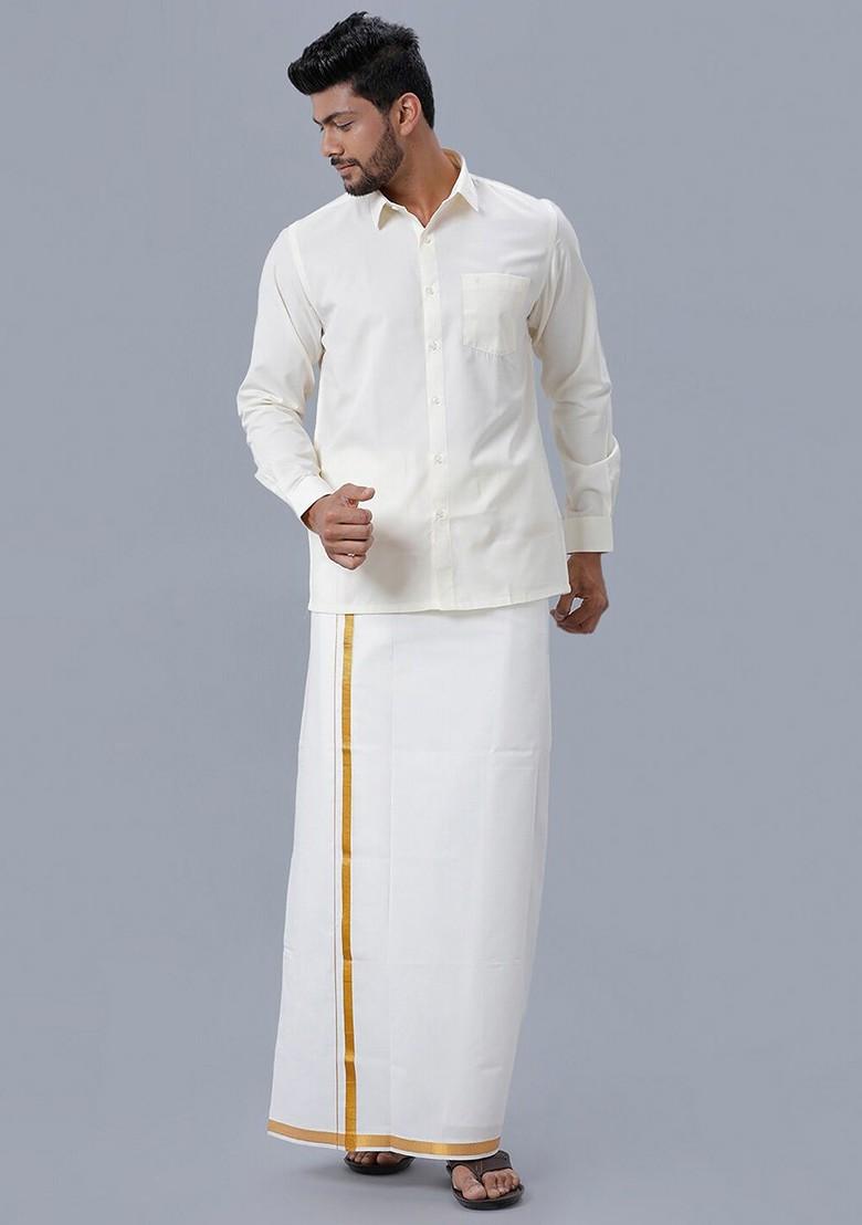 White Long Sleeves Pure Cotton Shirt With Zari Border Veshti For Men
