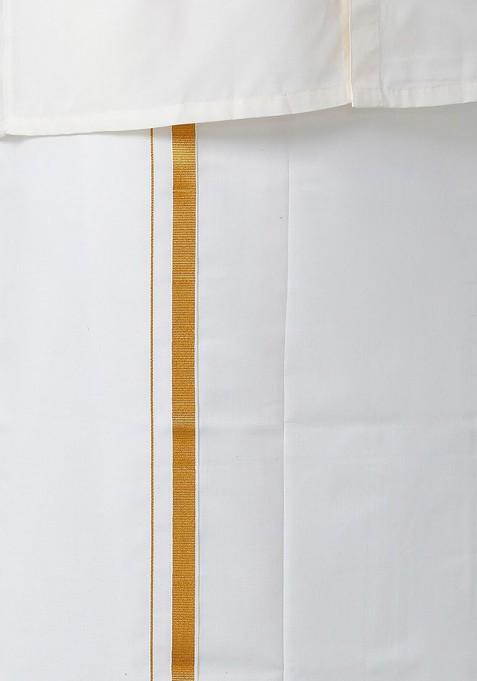 White Long Sleeves Pure Cotton Shirt With Zari Border Veshti For Men