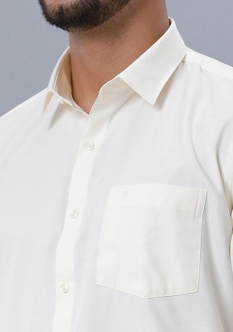 White Long Sleeves Pure Cotton Shirt With Zari Border Veshti For Men