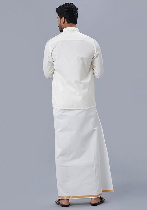 White Long Sleeves Pure Cotton Shirt With Zari Border Veshti For Men