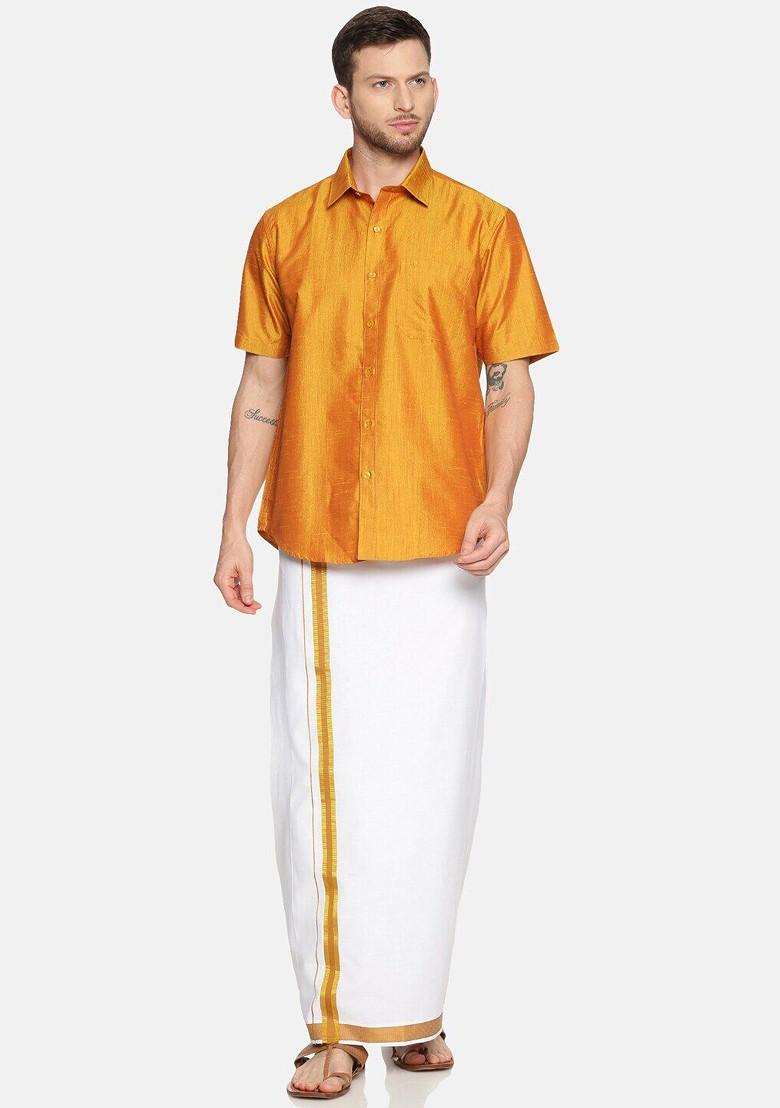 Gold Short Sleeves Shirt With Golden Zari Veshti For Men - Indya