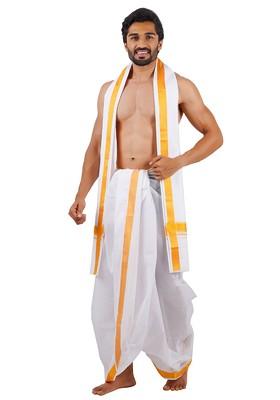 White Traditional Panchakacham With Angavastram For Men