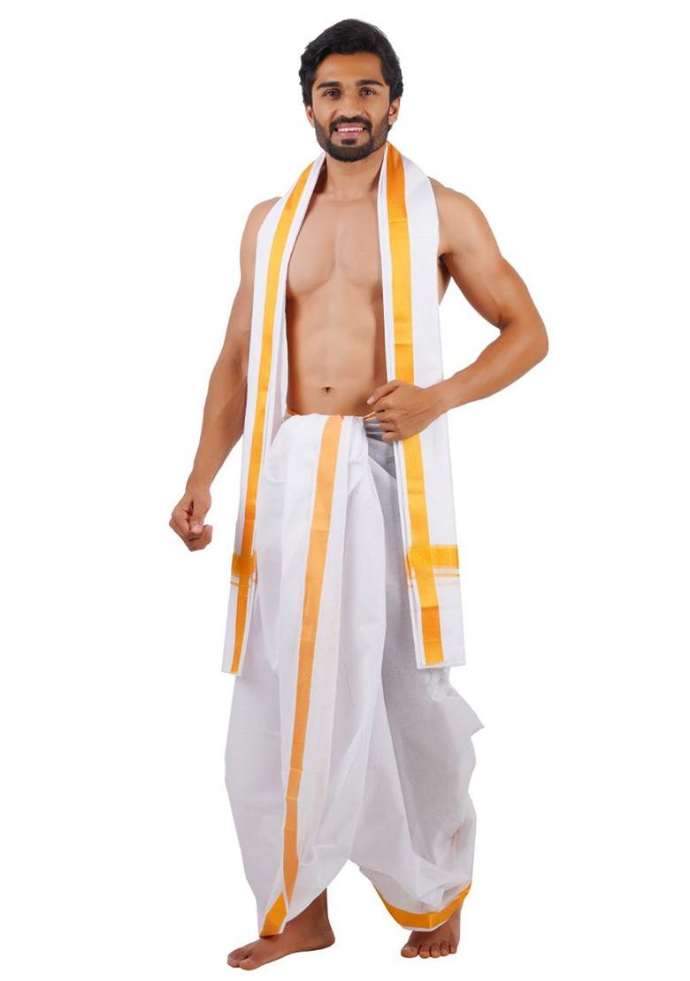 White Traditional Panchakacham With Angavastram For Men - Indya