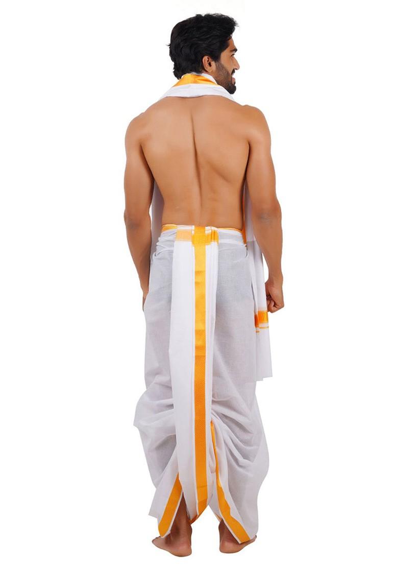White Traditional Panchakacham With Angavastram For Men - Indya