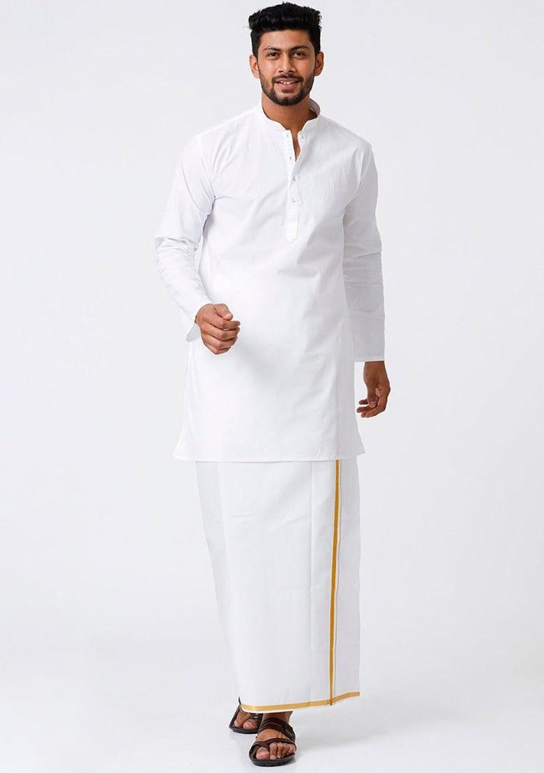 White Pure Cotton Zari Kurta With Veshti Kurta Set For Men