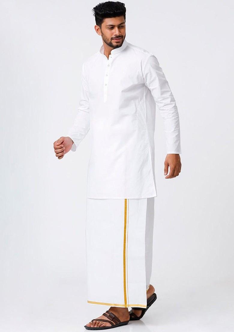 White Pure Cotton Zari Kurta With Veshti Kurta Set For Men - Indya