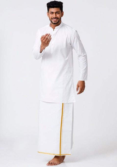 White Pure Cotton Zari Kurta With Veshti Kurta Set For Men