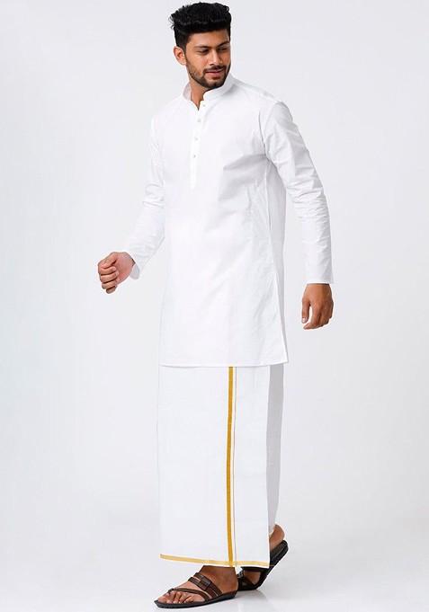 White Pure Cotton Zari Kurta With Veshti Kurta Set For Men
