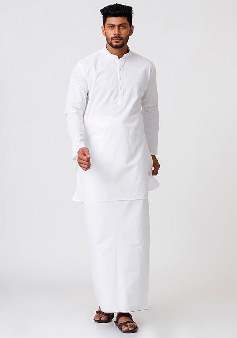 White Mandarin Collar Pure Cotton Kurti With Veshti For Men