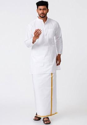 White Mandarin Collar Pure Cotton Straight Kurta With Veshti For Men