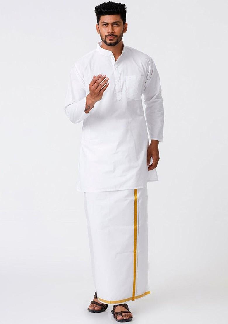 White Mandarin Collar Pure Cotton Straight Kurta With Veshti For Men